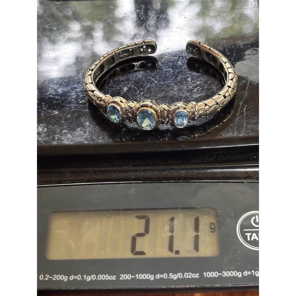 Sterling Silver And 14k Gold Blue Topaz Hinged Bangle Bracelet 6.75" 21.1 Grams - Picture 10 of 11